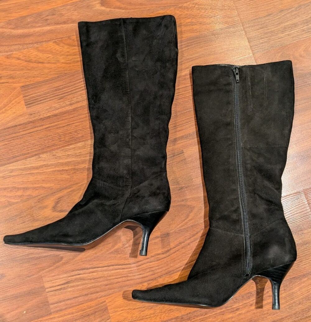 Y2K Bandolino 6M Black Suede Leather Knee High Boots Pointed Toe Kitten Heel